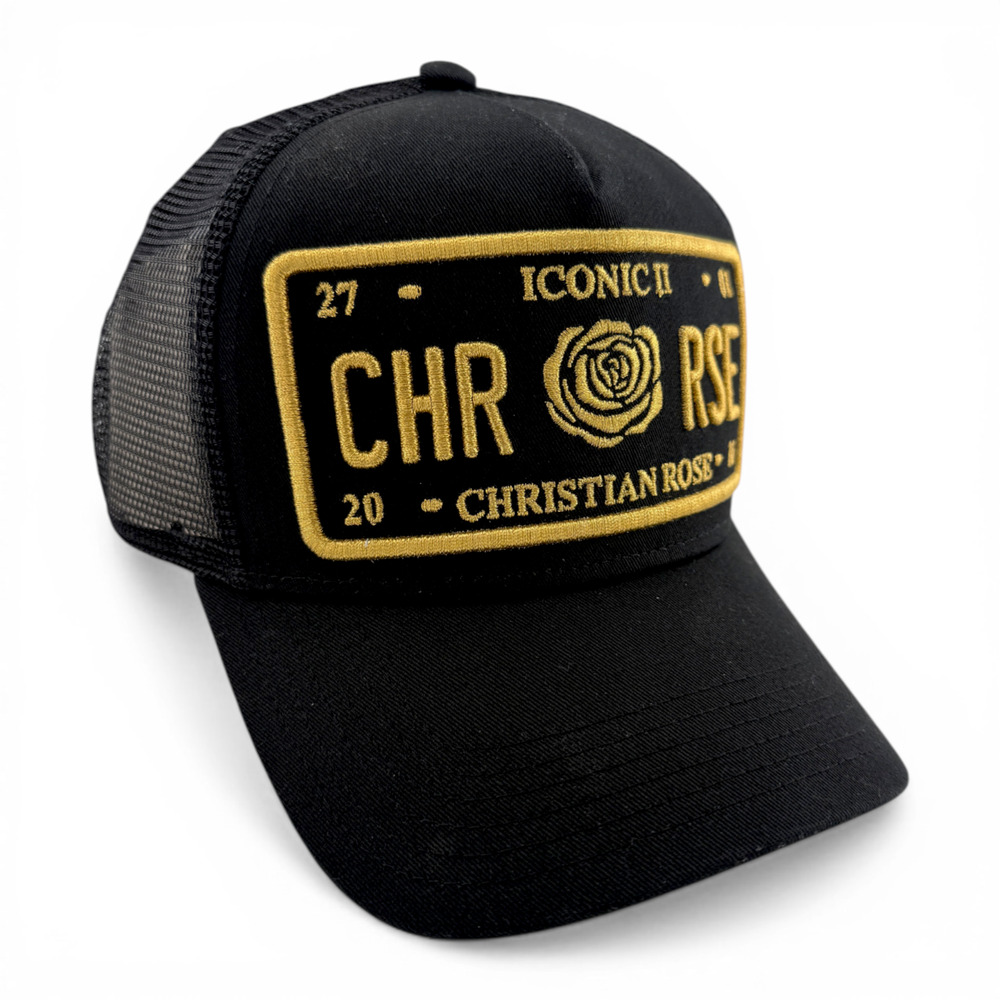 Christian Rose Iconic II‎ London Plate Gold Trucker Mesh Back Adjustable Hat Cap